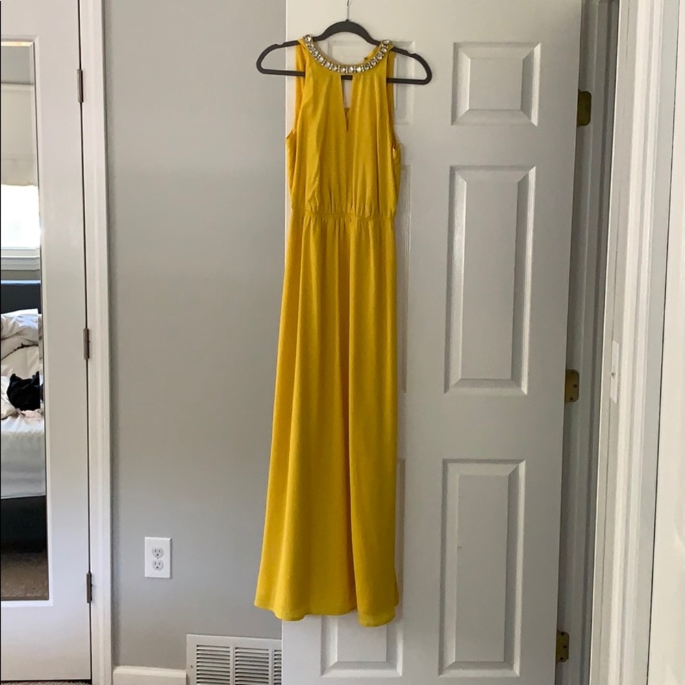 Maxi silk dress with jeweled collar